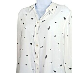 French Bull Dog Shirt Size L Buttons  Long Sleeve Rayon Black White